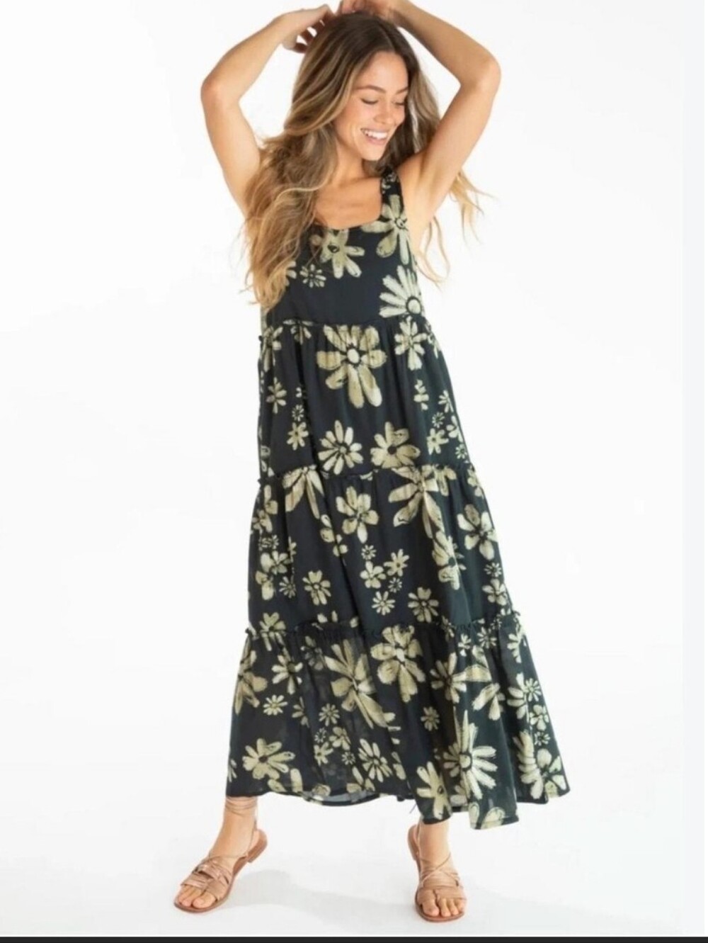 NWOT NATURAL LIFE Dark Green Maxi Dress with Cream Floral Print